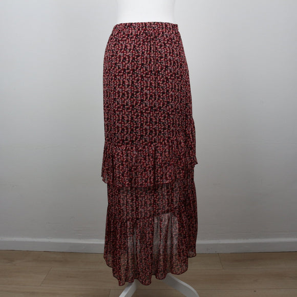 Primark Burgundy Ditsy Floral Tiered Chiffon Maxi Skirt – Size 40
