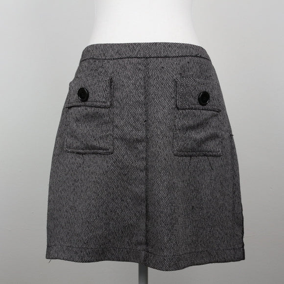 Salt & Pepper Herringbone Tweed High-Waist A-Line Mini Skirt with Flap Pockets – Size 38