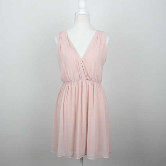 Blush Pink Surplice V-Neck Ruched Waist Chiffon Mini Dress – Size L