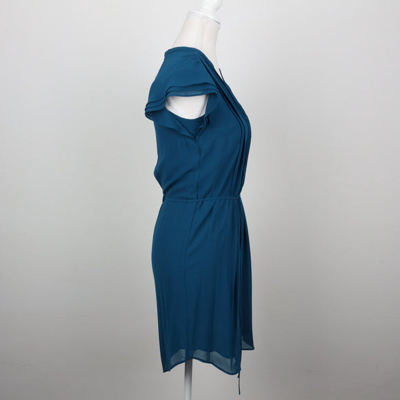 Teal Pintuck V-Neck Cap-Sleeve Chiffon Mini Dress – Size 32