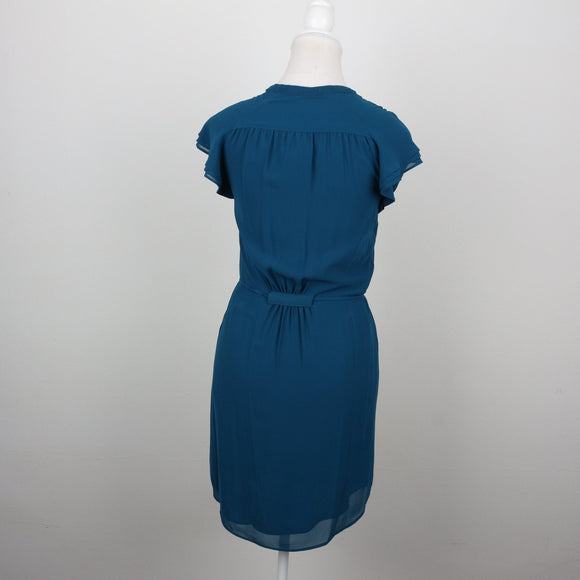 Teal Pintuck V-Neck Cap-Sleeve Chiffon Mini Dress – Size 32
