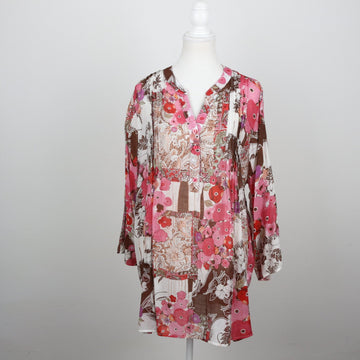 Queenspark Pink & Brown Retro Floral Paisley Patchwork Print Long-Sleeve Tunic Blouse – Size XXL