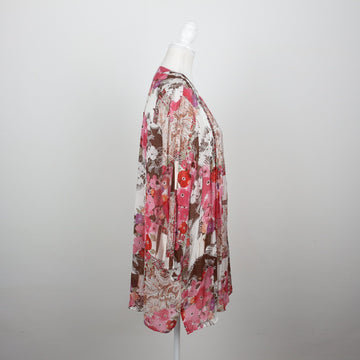 Queenspark Pink & Brown Retro Floral Paisley Patchwork Print Long-Sleeve Tunic Blouse – Size XXL - 0