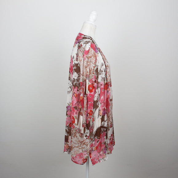 Queenspark Pink & Brown Retro Floral Paisley Patchwork Print Long-Sleeve Tunic Blouse – Size XXL