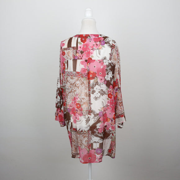 Queenspark Pink & Brown Retro Floral Paisley Patchwork Print Long-Sleeve Tunic Blouse – Size XXL
