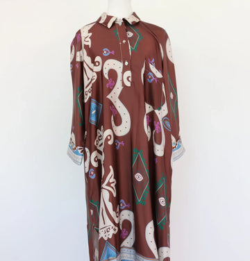 Brown satin paisley shirt dress midi length
