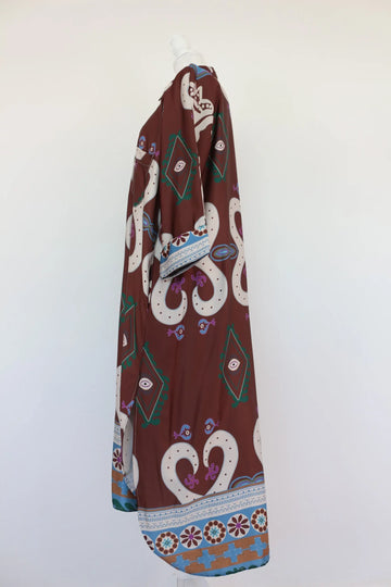 Brown satin paisley shirt dress midi length - 0