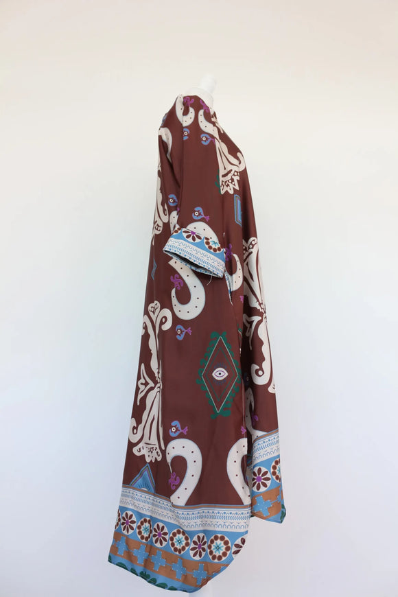 Brown satin paisley shirt dress midi length