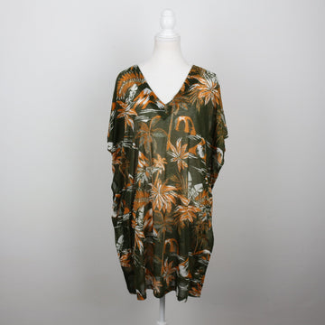H&M Olive Green Tropical Palm Print V-Neck Kaftan Beach Cover-Up – Size M