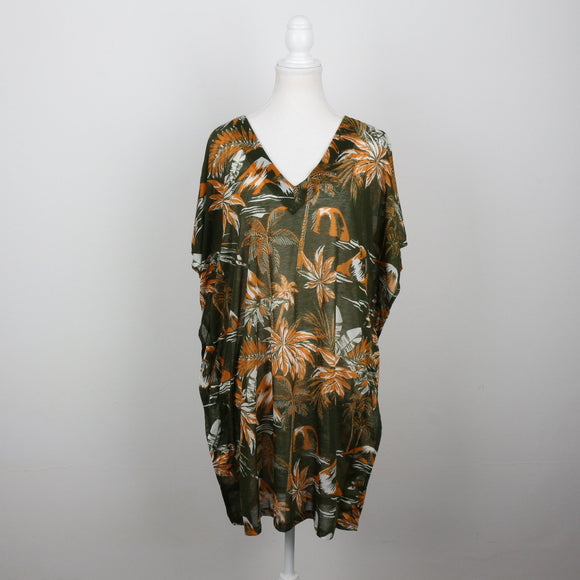 H&M Olive Green Tropical Palm Print V-Neck Kaftan Beach Cover-Up – Size M