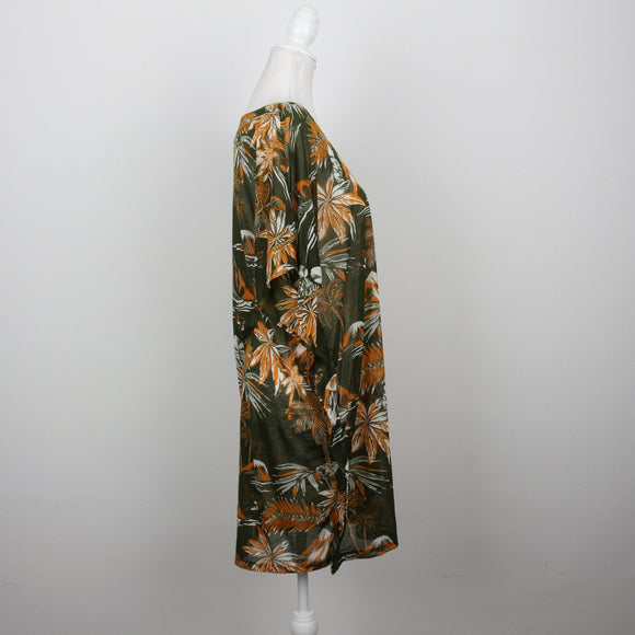 H&M Olive Green Tropical Palm Print V-Neck Kaftan Beach Cover-Up – Size M