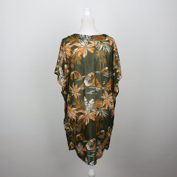 H&M Olive Green Tropical Palm Print V-Neck Kaftan Beach Cover-Up – Size M