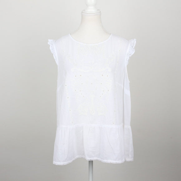 White Broderie Anglaise Flutter-Sleeve Tiered Peplum Blouse – Size M