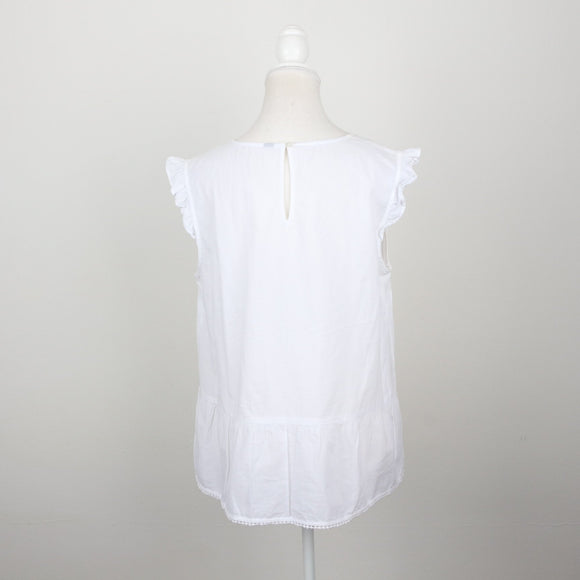 White Broderie Anglaise Flutter-Sleeve Tiered Peplum Blouse – Size M