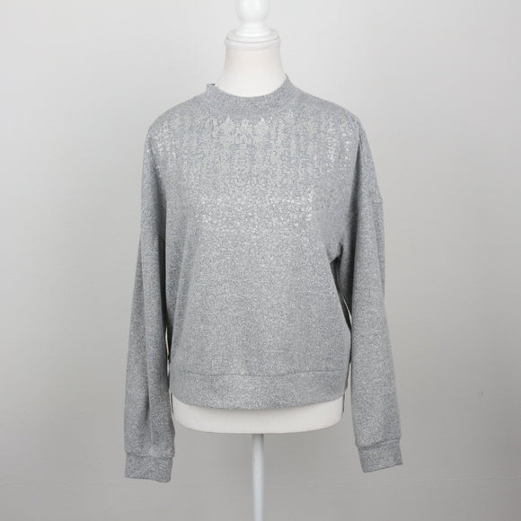 Grey Marl Iridescent Sequin Floral All-Over Crew-Neck Sweatshirt – Size S