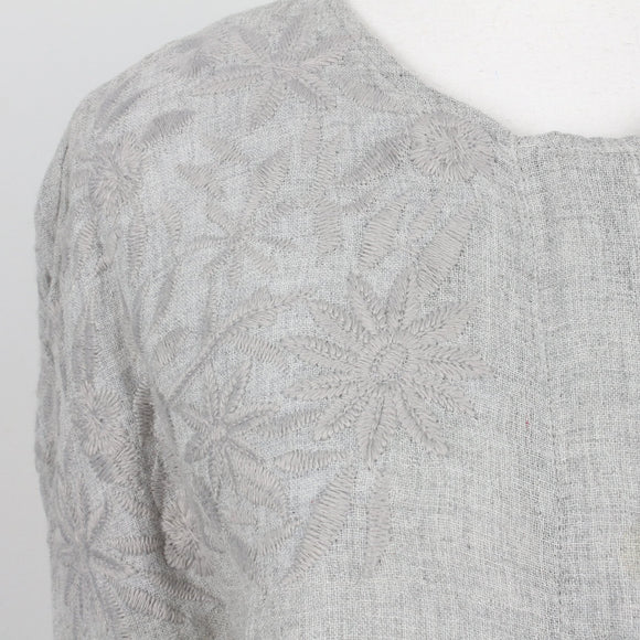 Zara Light Grey Tonal Floral Embroidered Collarless Pleated Bell-Sleeve Jacket – Size M