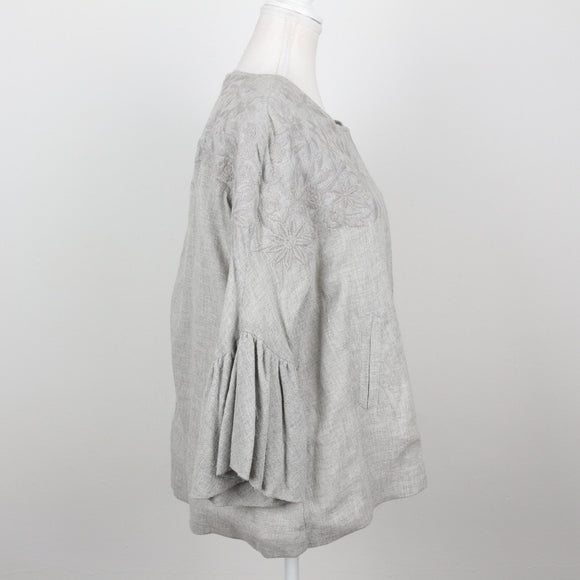 Zara Light Grey Tonal Floral Embroidered Collarless Pleated Bell-Sleeve Jacket – Size M