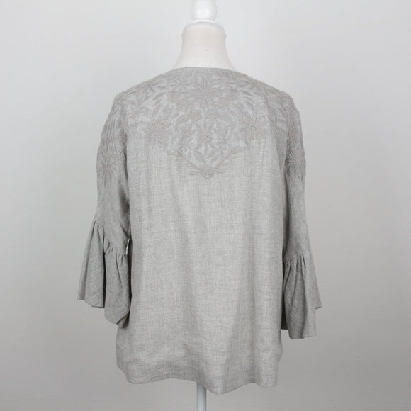 Zara Light Grey Tonal Floral Embroidered Collarless Pleated Bell-Sleeve Jacket – Size M