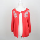 Milady's Coral Floral Sequin & Embroidered Shoulder Detail Open-Front Knit Cardigan – Size 2XL-1