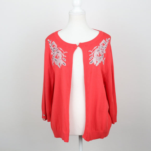Milady's Coral Floral Sequin & Embroidered Shoulder Detail Open-Front Knit Cardigan – Size 2XL
