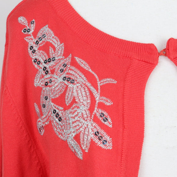 Milady's Coral Floral Sequin & Embroidered Shoulder Detail Open-Front Knit Cardigan – Size 2XL