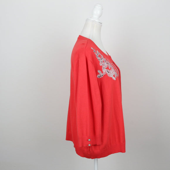Milady's Coral Floral Sequin & Embroidered Shoulder Detail Open-Front Knit Cardigan – Size 2XL