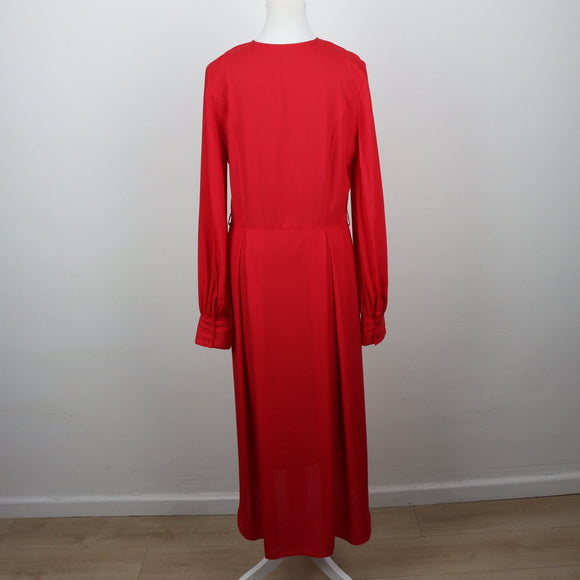 Carducci Woman Scarlet Red Surplice V-Neck Draped Long-Sleeve Midi Wrap Dress – Size 34