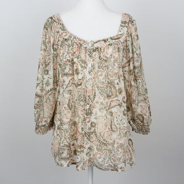 Cream & Sage Paisley Print Scoop-Neck Button-Front Balloon-Sleeve Chiffon Blouse – Size 34 - 0