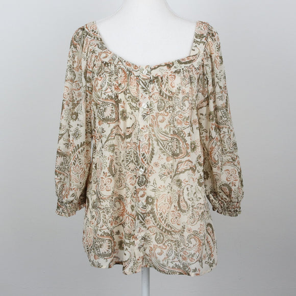 Cream & Sage Paisley Print Scoop-Neck Button-Front Balloon-Sleeve Chiffon Blouse – Size 34