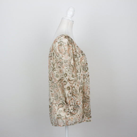 Cream & Sage Paisley Print Scoop-Neck Button-Front Balloon-Sleeve Chiffon Blouse – Size 34