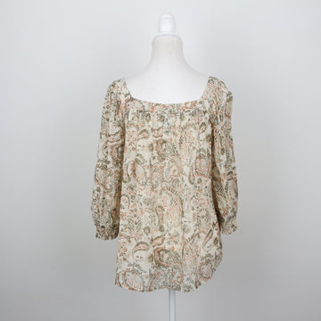 Cream & Sage Paisley Print Scoop-Neck Button-Front Balloon-Sleeve Chiffon Blouse – Size 34
