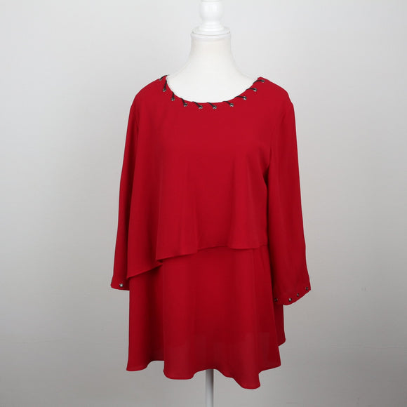 Cherry Red Tiered Cape-Layer Scoop-Neck Gold Eyelet Trim Long-Sleeve Blouse – Size 36