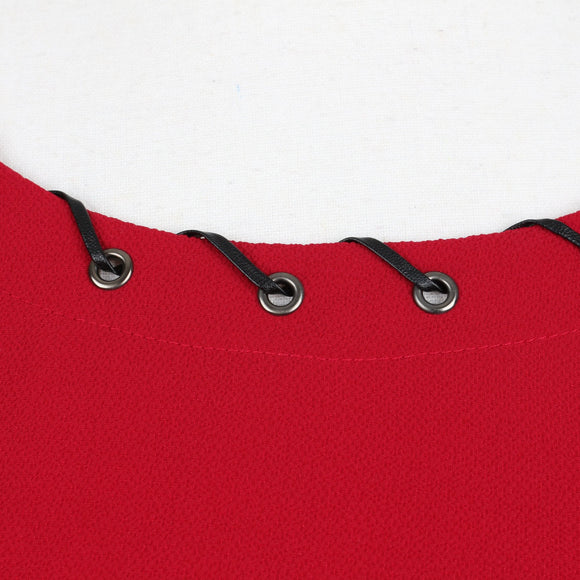 Cherry Red Tiered Cape-Layer Scoop-Neck Gold Eyelet Trim Long-Sleeve Blouse – Size 36