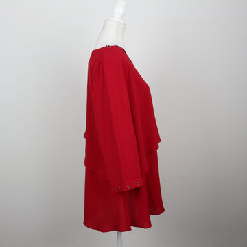 Cherry Red Tiered Cape-Layer Scoop-Neck Gold Eyelet Trim Long-Sleeve Blouse – Size 36 - 0