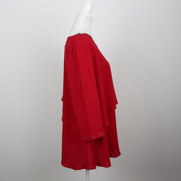 Cherry Red Tiered Cape-Layer Scoop-Neck Gold Eyelet Trim Long-Sleeve Blouse – Size 36