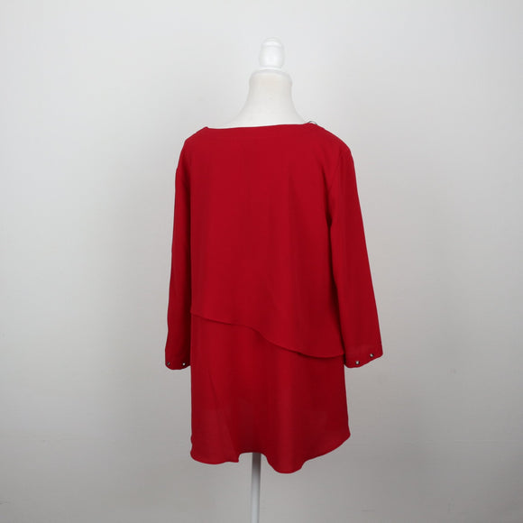 Cherry Red Tiered Cape-Layer Scoop-Neck Gold Eyelet Trim Long-Sleeve Blouse – Size 36