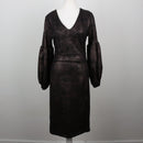 Dark Bronze Metallic Faux Leather V-Neck Bishop-Sleeve Fitted Midi Dress – Size M-1
