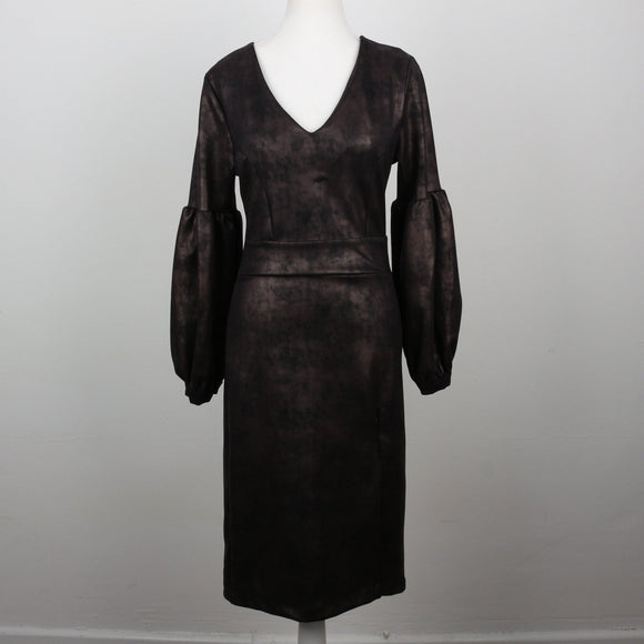 Dark Bronze Metallic Faux Leather V-Neck Bishop-Sleeve Fitted Midi Dress – Size M