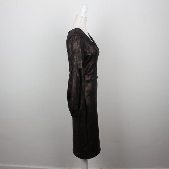 Dark Bronze Metallic Faux Leather V-Neck Bishop-Sleeve Fitted Midi Dress – Size M