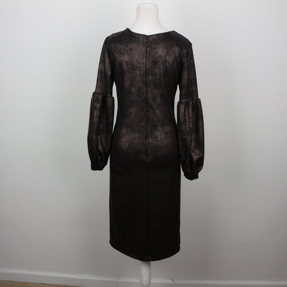 Dark Bronze Metallic Faux Leather V-Neck Bishop-Sleeve Fitted Midi Dress – Size M