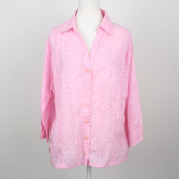 Rene Taylor Baby Pink Tonal Aztec Geometric Print Linen Relaxed Button-Down Shirt – Size 46