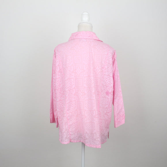 Rene Taylor Baby Pink Tonal Aztec Geometric Print Linen Relaxed Button-Down Shirt – Size 46