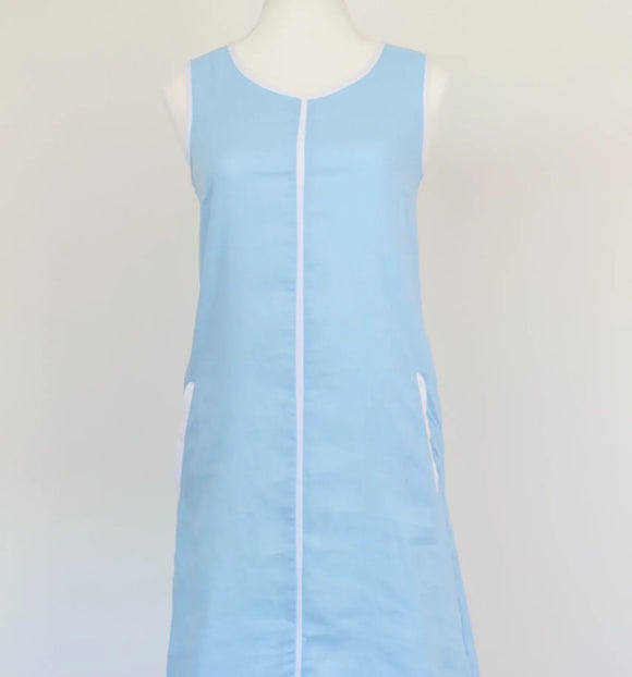 Pastel blue and white 100% linen dress - XS