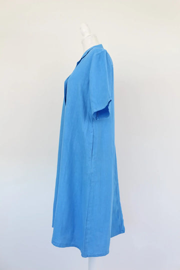 Light Blue Linen Oversized-Button Relaxed Dress | Brand New - 0