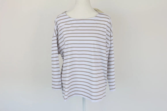 Beige stripe round neck long sleeve t-shirt - XL