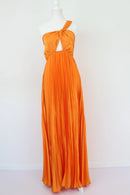 Orange satin pleated one shoulder maxi dress-1