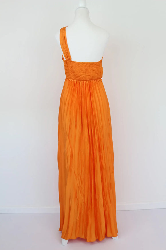 Orange satin pleated one shoulder maxi dress