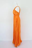 Orange satin pleated one shoulder maxi dress-4