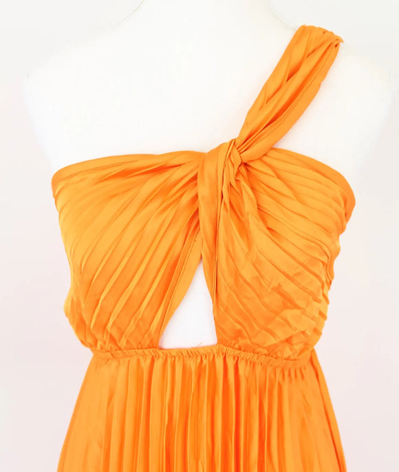 Orange satin pleated one shoulder maxi dress