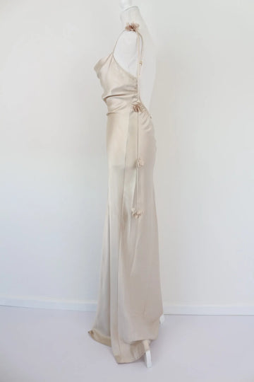 Cream Satin Floral-Draped Dress | Sizes M–XL | Brand New - 0